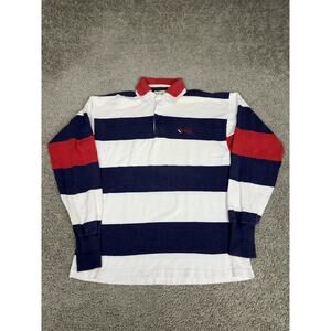 VTG Dehen Rugby Polo Shirt Mens L White Navy Stripe Vail CO Logo Made In USA